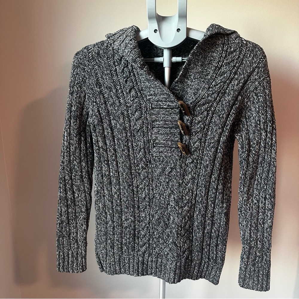 Hand Knit Navy Cream Cable Knit Hooded Toggle Sweater S/M Coastal Gran Nautical